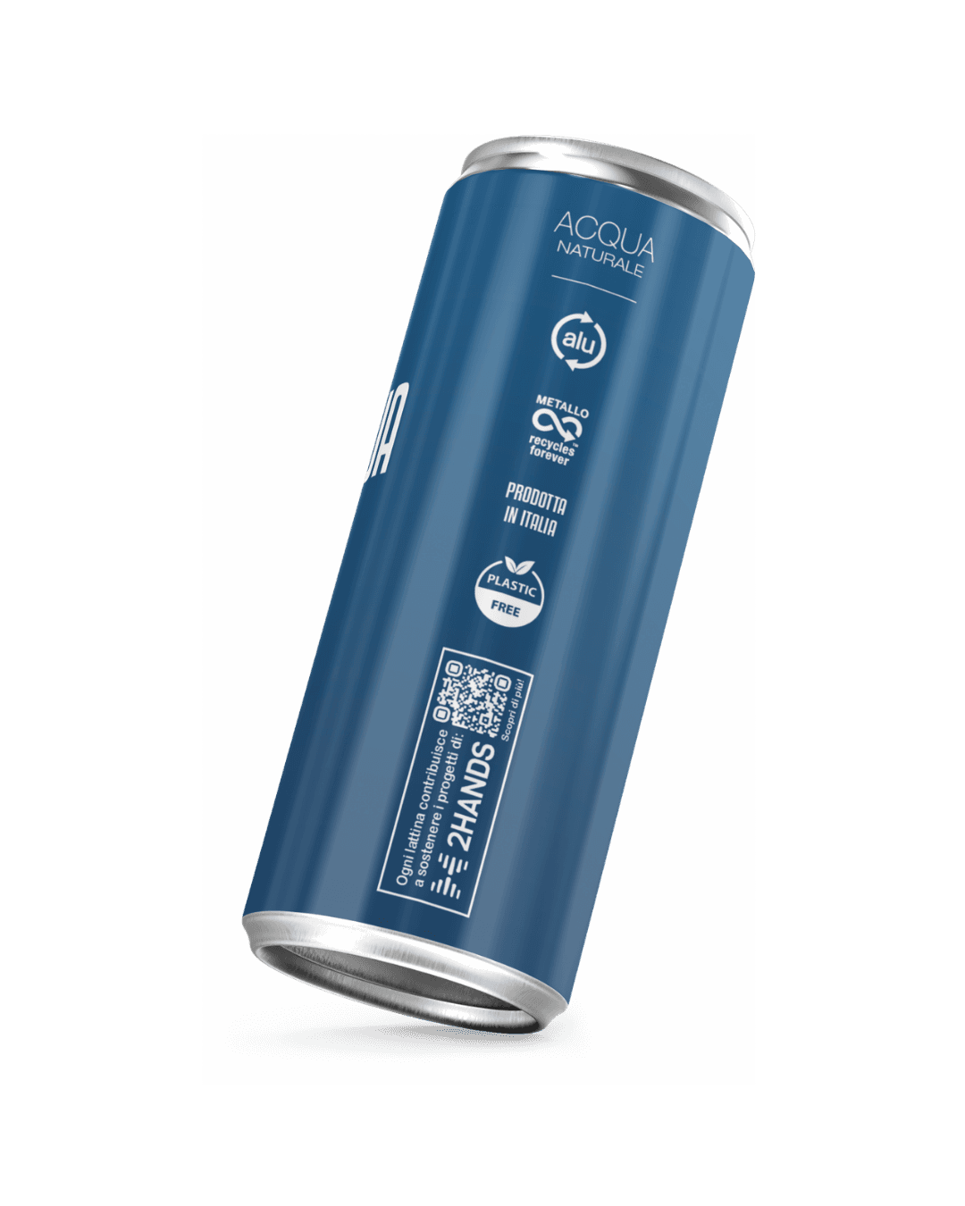 Lattina Acqua Adv 33cl con logo 2hands, QR code, simbolo alluminio riciclabile, prodotta in Italia, plastic free
