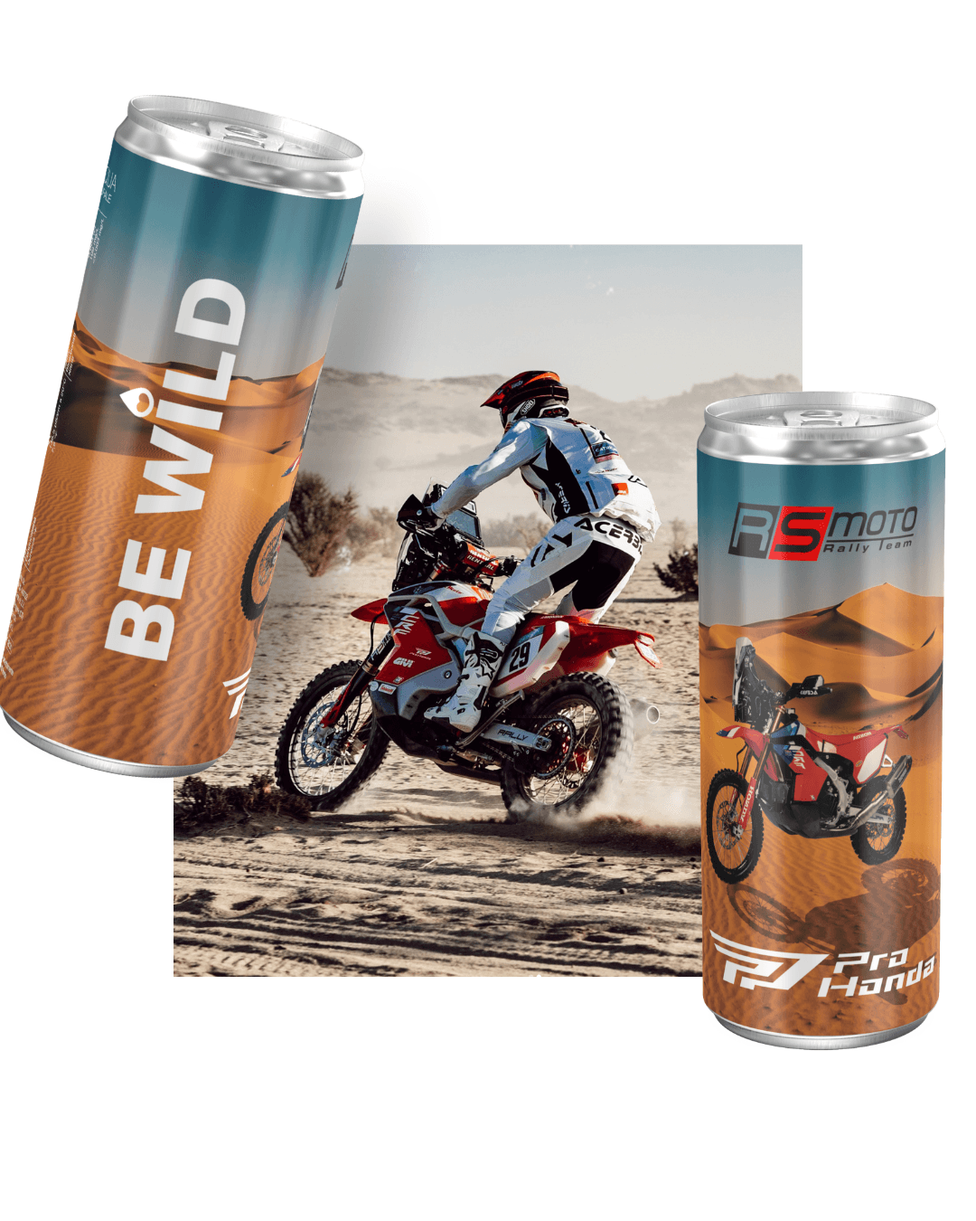 Honda RS Moto Rally Team con lattine Acqua Adv Be Wild personalizzate al Dakar Rally 2025