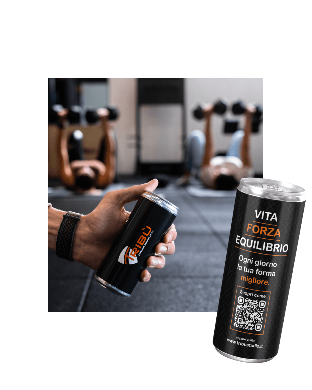 Lattine Acqua Adv personalizzate Tribù Personal Training Studio con claim Vita Forza Equilibrio in palestra