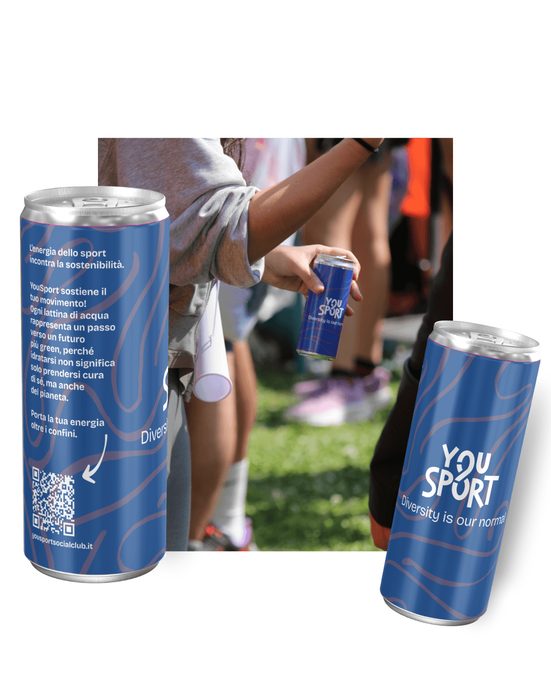 Atleti YouSport Social Club con lattine Acqua Adv personalizzate Diversity is our normal durante attività sportiva